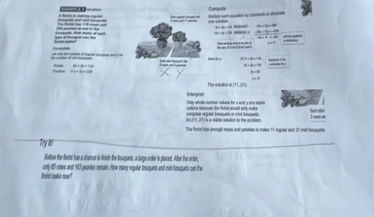 Compute 
A forisl is madring regular 
The forial has 118 ruses and Soqets and micl fenequets $ roses ant 11 pesoies farth cngolur beeungant iaso one vainable. Muttiply each equation by constants to eliminate
5x+1y=13 MalayeS 2x+15y=20
Rgets How many of each 235 gantes to oee in the
19+1y=123 -19x+1y=-49
forisl make? fype of lonepel sao the
-4x+0=-8 Ató te esations 
Formulsts ts one 10 i tae sC of Iwr s Sum se nuny nượp ià do RL in a=11 sdn j 
the cuntoe of mr bgatio Lut a la tue muion of rgutar ieuiqana ant y l Each anio beuguet too Salm for y 50% +3p=118. me ? f
6x+3y=118
3 moer and 5 pessien
55+3y=138
Faries 10+1y=128 3y=0 i and acion hr y
y=21
The solution is (11,21)
Intarpret 
Only whole number values for x and y are viable 
options because the florist would only make 
complete reguier bouquets or mini bouquets. Each mini 3 roses an
So(11,21) is a viable solution to the problem. 
The forist has enough roses and peonies to make 11 regular and 21 mini bouquets. 
Try It! 
Before the florist has a chance to finish the bouquets, a large order is placed. After the order, 
only 85 roses and 163 peonies remain. How many regular bouquets and mini bouquets can the 
florist make now?