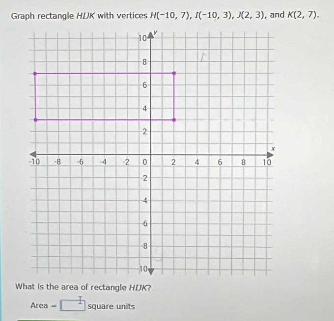 Graph rectangle HIJK with vertices H(-10,7), I(-10,3), J(2,3) , and K(2,7).
Area =□ square units