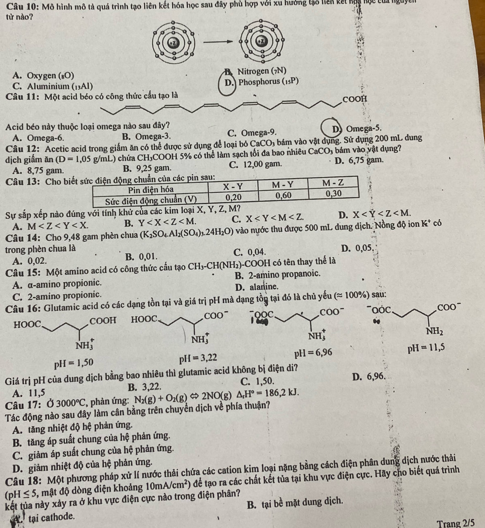 Mô hình mô tả quá trình tạo liên kết hóa học sau đây phù hợp với xu hưởng tạo liên kết họa học của nguyên
- (
tử nào?
0
b
o
a
0 a
a
A. Oxygen (₈O) D Nitrogen (7N)
C. Aluminium (13Al) D. Phosphorus (15P)
Câu 11: Một acid béo có công thức cấu tạo là
COOH
Acid béo này thuộc loại omega nào sau đây?
A. Omega-6. B. Omega-3. C. Omega-9. D Omega-5.
Câu 12: Acetic acid trong giấm ăn có thể được sử dụng để loại bỏ CaCO₃ bám vào vật dụng. Sử dụng 200 mL dung
dịch giấm ăn (D=1,05g/mL) 0 chứa CH₃COOH 5% có thể làm sạch tối đa bao nhiêu CaCO_3 bám vào vật dụng?
A. 8,75 gam. B. 9,25 gam. C. 12,00 gam. D. 6,75 gam.
Câu 13: Cho 
Sự sắp xếp nào đúng với tính khử của các kim loại X, Y,
A. M B. Y C. X D. X
Câu 14: Cho 9,48 gam phèn chua (K_2SO_4.Al_2(SO_4)_3.24H_2O) vào nựớc thu được 500 mL dung dịch. Nồng độ ion K^+ có
trong phèn chua là D. 0,05,
A. 0,02. B. 0,01. C. 0,04.
Câu 15: Một amino acid có công thức cầu tạo CH_3-CH(NH_2) -COOH có tên thay thể là
A. α-amino propionic. B. 2-amino propanoic.
C. 2-amino propionic. D. alanine.
Câu 16: Glutamic acid có các dạng tồn tại và giá trị pH mà dạng tồp tại đó là chủ yếu (approx 100% ) sau:
7  o O C COO^- ∩ ∩ ( 、 COO
NH_3^(+
NH_2)
pH=11,5
pH=1,50
pH=3,22
pH=6,96
Giá trị pH của dung dịch bằng bao nhiêu thì glutamic acid không bị điện di?
A. 11,5 B. 3,22. C. 1,50. D. 6,96.
Câu 17: Ở 3000°C , phản ứng: N_2(g)+O_2(g) 2NO(g)△ _rH°=186,2kJ.
Tác động nào sau đây làm cân bằng trên chuyển dịch về phía thuận?
A. tăng nhiệt độ hệ phản ứng.
B. tăng áp suất chung của hệ phản ứng.
C. giảm áp suất chung của hệ phản ứng.
D. giảm nhiệt độ của hệ phản ứng.
Câu 18: Một phương pháp xử lí nước thải chứa các cation kim loại nặng bằng cách điện phân dung dịch nước thải
(pH≤ 5 :, mật độ dòng điện khoảng 10mA/cm^2) để tạo ra các chất kết tủa tại khu vực điện cực. Hãy cho biết quá trình
kết tủa này xảy ra ở khu vực điện cực nào trong điện phân?
tại cathode. B. tại bề mặt dung dịch.
Trang 2/5