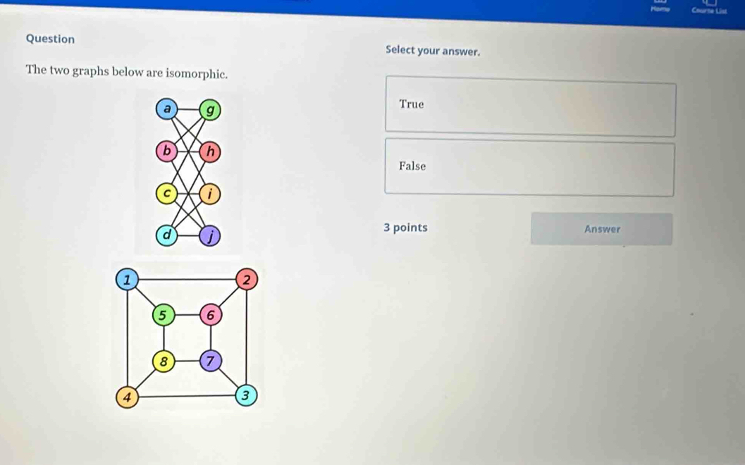 Course Liss
Question Select your answer.
The two graphs below are isomorphic.
a g
True
b h
False
C i
d j
3 points Answer