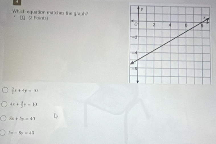 Which equation matches the graph?
€ (2 Points)
 5/2 x+4y=10
4x+ 5/2 y=10
8x+5y=40
5x-8y=40