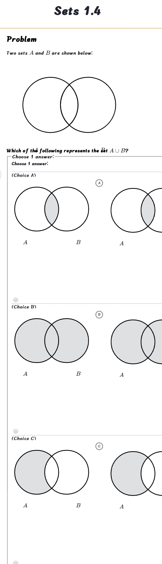 Solved: Sets 1.4 Problem Two sets A and B are shown below: Which of the ...