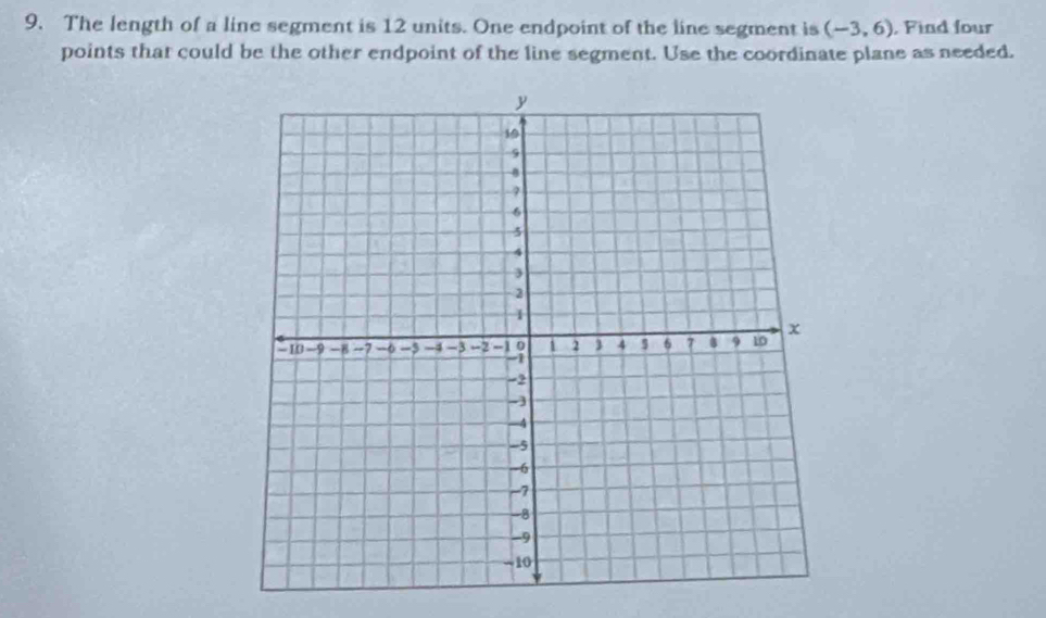 The length of a line segment is 12 units. One endpoint of the line segment is (-3,6) , Find four 
points that could be the other endpoint of the line segment. Use the coordinate plane as needed.