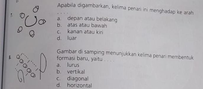 Apabila digambarkan, kelima penari ini menghadap ke arah
1.
a. depan atau belakang
b. atas atau bawah
c. kanan atau kiri
d. luar
Gambar di samping menunjukkan kelima penari membentuk
8.
formasi baru, yaitu . . . .
a. lurus
b. vertikal
c. diagonal
d. horizontal