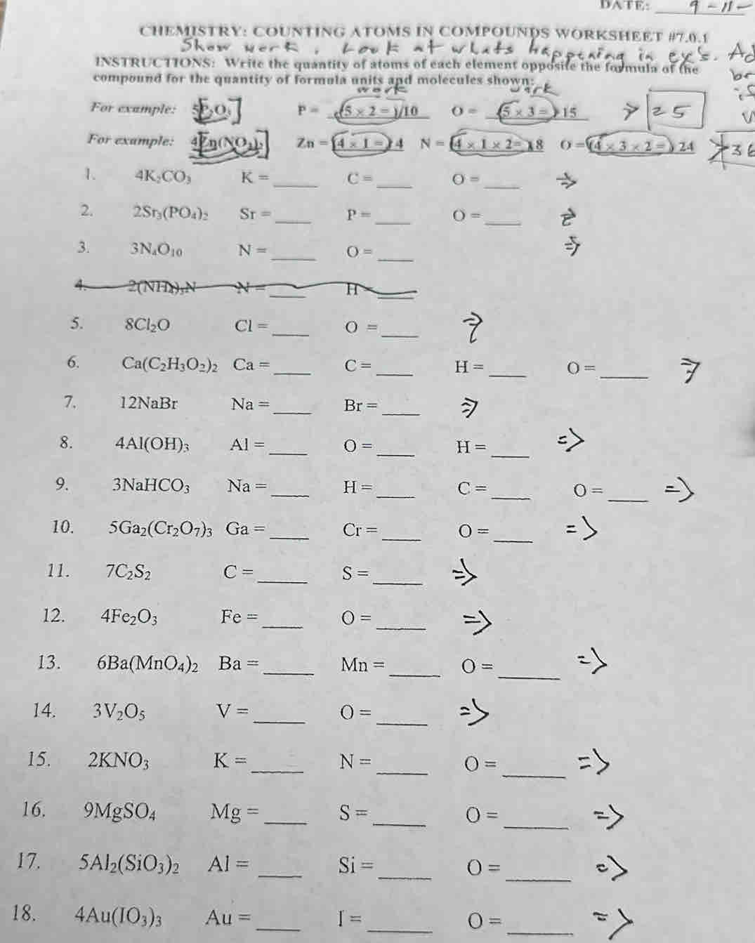 Solved: DATE: _ CHEMISTRY: COUNTING ATOMS IN COMPOUNDS WORKSHEET #7.0.1  INSTRUCTIONS: Write the qu [Chemistry], image size:1075x1343