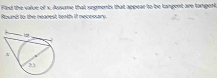 Find the value of x. Assume that segments that appear to be tangent are tangent 
Round to the nearest tenth if necessary.