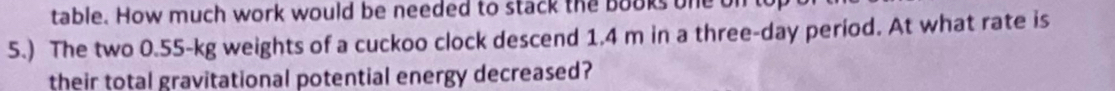 table. How much work would be needed to stack the books one on 
5.) The two 0.55-kg weights of a cuckoo clock descend 1.4 m in a three-day period. At what rate is 
their total gravitational potential energy decreased?