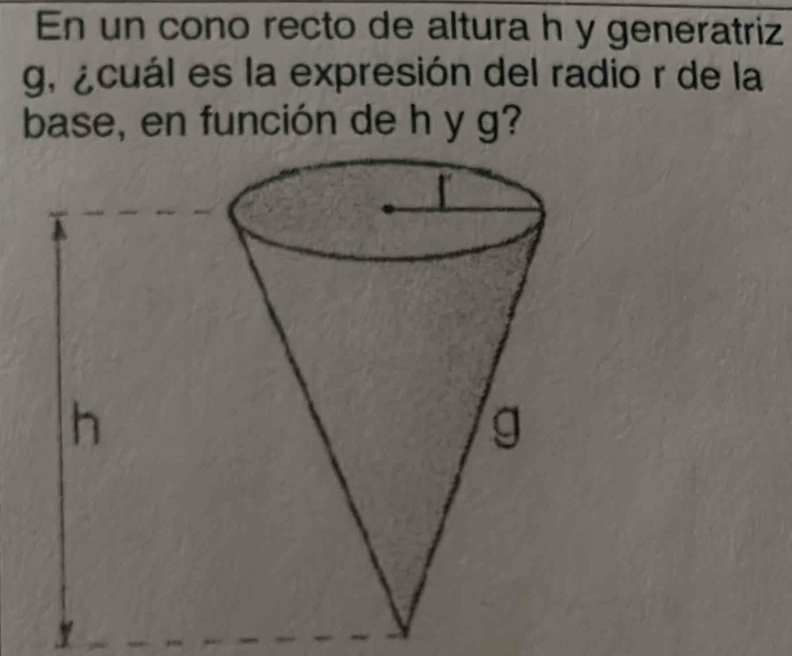 En un cono recto de altura h y generatriz
g, ¿cuál es la expresión del radio r de la 
base, en función de h y g?
h