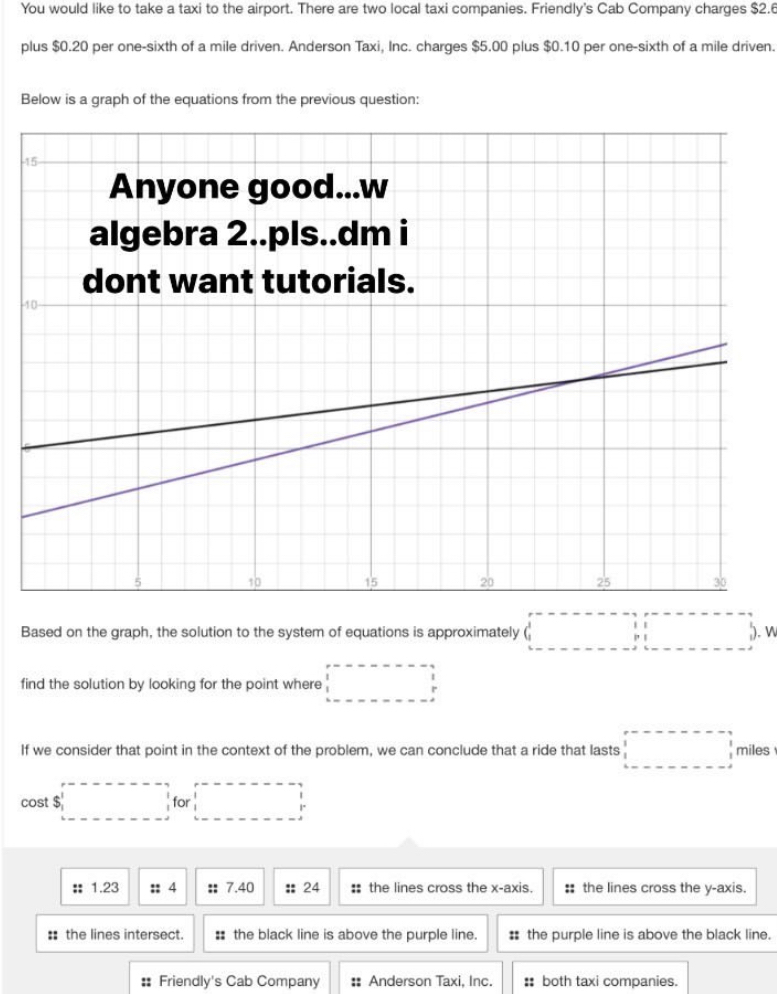 You would like to take a taxi to the airport. There are two local taxi companies. Friendly's Cab Company charges $2.6
plus $0.20 per one-sixth of a mile driven. Anderson Taxi, Inc. charges $5.00 plus $0.10 per one-sixth of a mile driven.
Below is a graph of the equations from the previous question:
4
-
Based on the graph, the solution to the system of equations is approximately (□ ,□ ). W
find the solution by looking for the point where □°
If we consider that point in the context of the problem, we can conclude that a ride that lasts □ □ miles
cost $□ to □
:: 1.23 :: 4 : 7.40 :: 24 :: the lines cross the x-axis. the lines cross the y-axis.
: the lines intersect. : the black line is above the purple line. # the purple line is above the black line.
: Friendly's Cab Company :: Anderson Taxi, Inc. : both taxi companies.