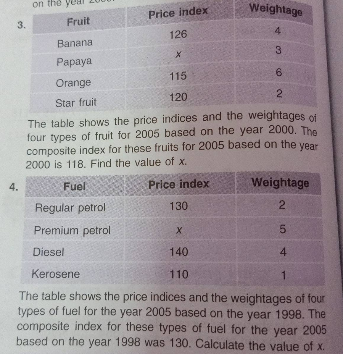 on the year z 
The table 
four types of fruit for 2005 based on the year 2000. The 
composite index for these fruits for 2005 based on the year
2000 is 118. Find the value of x. 
The table shows the price indices and the weightages of four 
types of fuel for the year 2005 based on the year 1998. The 
composite index for these types of fuel for the year 2005
based on the year 1998 was 130. Calculate the value of x.