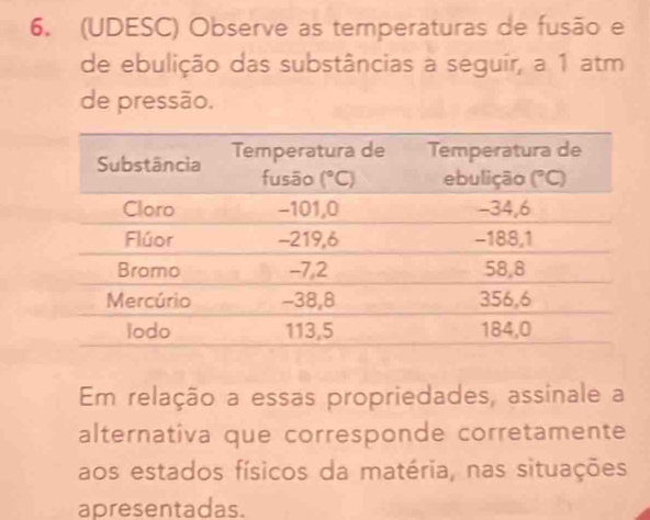 (UDESC) Observe as temperaturas de fusão e
de ebulição das substâncias a seguir, a 1 atm
de pressão.
Em relação a essas propriedades, assinale a
alternativa que corresponde corretamente
aos estados físicos da matéria, nas situações
apresentadas.