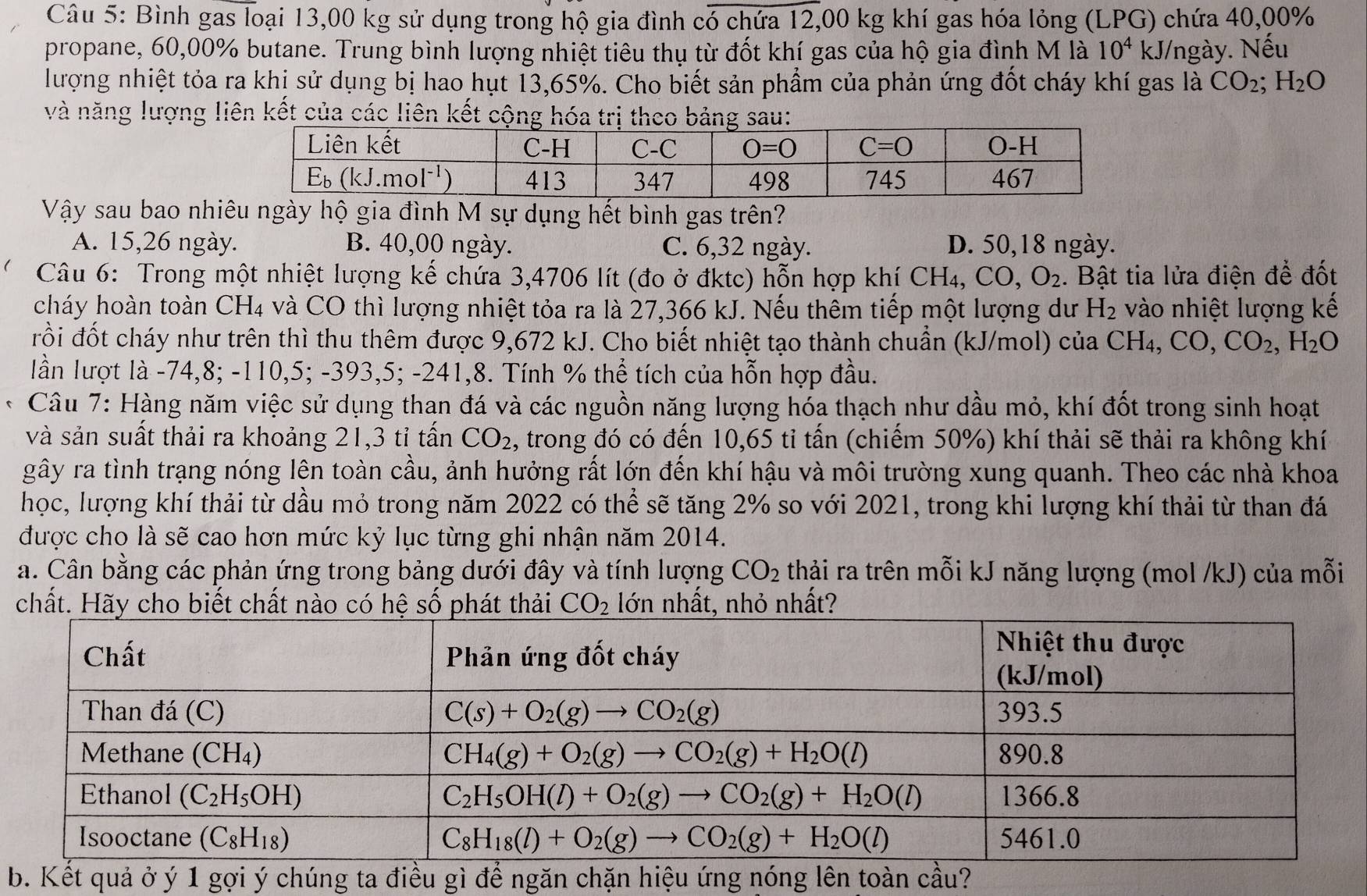 Bình gas loại 13,00 kg sử dụng trong hộ gia đình có chứa 12,00 kg khí gas hóa lỏng (LPG) chứa 40,00%
propane, 60,00% butane. Trung bình lượng nhiệt tiêu thụ từ đốt khí gas của hộ gia đình M là 10^4 kJ/ngày. Nếu
lượng nhiệt tỏa ra khị sử dụng bị hao hụt 13,65%. Cho biết sản phẩm của phản ứng đốt cháy khí gas là CO_2;H_2O
và năng lượng liên kết của các liên kết cộng hóa t
Vậy sau bao nhiêu ngày hộ gia đình M sự dụng hết bình gas trên?
A. 15,26 ngày. B. 40,00 ngày. C. 6,32 ngày. D. 50,18 ngày.
Câu 6: Trong một nhiệt lượng kế chứa 3,4706 lít (đo ở đktc) hỗn hợp khí CH_4,CO,O_2. Bật tia lửa điện để đốt
cháy hoàn toàn CH₄ và CO thì lượng nhiệt tỏa ra là 27,366 kJ. Nếu thêm tiếp một lượng dư H_2 vào nhiệt lượng kế
rồi đốt cháy như trên thì thu thêm được 9,672 kJ. Cho biết nhiệt tạo thành chuẩn (kJ/mol) của CH_4,CO,CO_2,H_2O
lần lượt là -74,8; -110,5; -393,5; -241,8. Tính % thể tích của hỗn hợp đầu.
* Câu 7: Hàng năm việc sử dụng than đá và các nguồn năng lượng hóa thạch như dầu mỏ, khí đốt trong sinh hoạt
và sản suất thải ra khoảng 21,3 tỉ tấn CO_2 , trong đó có đến 10,65 tỉ tấn (chiếm 50%) khí thải sẽ thải ra không khí
gây ra tình trạng nóng lên toàn cầu, ảnh hưởng rất lớn đến khí hậu và môi trường xung quanh. Theo các nhà khoa
học, lượng khí thải từ dầu mỏ trong năm 2022 có thể sẽ tăng 2% so với 2021, trong khi lượng khí thải từ than đá
được cho là sẽ cao hơn mức kỷ lục từng ghi nhận năm 2014.
a. Cân bằng các phản ứng trong bảng dưới đây và tính lượng CO_2 thải ra trên mỗi kJ năng lượng (mol /kJ) của mỗi
chất. Hãy cho biết chất n có hệ số t thải CO_2 lớn nhất, nhỏ nhất?
b. Kết quả ở ý 1 gợi ý chúng ta điều gì để ngăn chặn hiệu ứng nóng lên toàn cầu?