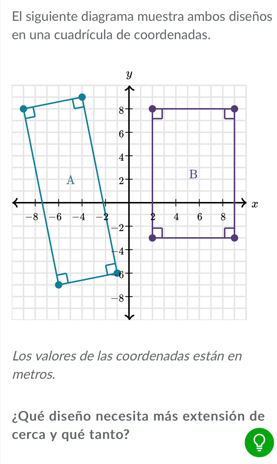 El siguiente diagrama muestra ambos diseños 
en una cuadrícula de coordenadas. 
Los valores de las coordenadas están en 
metros. 
¿Qué diseño necesita más extensión de 
cerca y qué tanto?