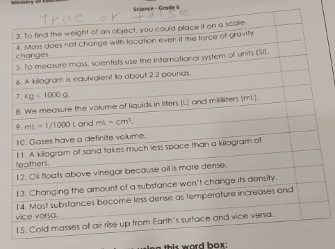 Ministry of E800
Science - Grade 6
this word box: