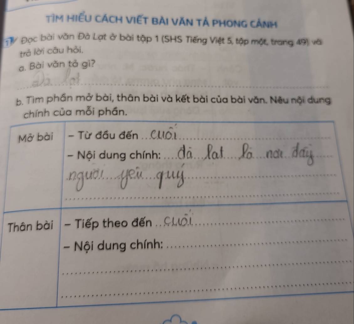 TìM HiểU cácH ViếT bài VăN Tả phonG cảnh 
T Đọc bài văn Đà Lạt ở bài tập 1 (SHS Tiếng Việt 5, tập một, trang 49) và 
trả lời câu hỏi, 
a. Bài văn tả gì? 
_ 
_ 
b. Tìm phần mở bài, thân bài và kết bài của bài văn. Nêu nội dung 
mỗi