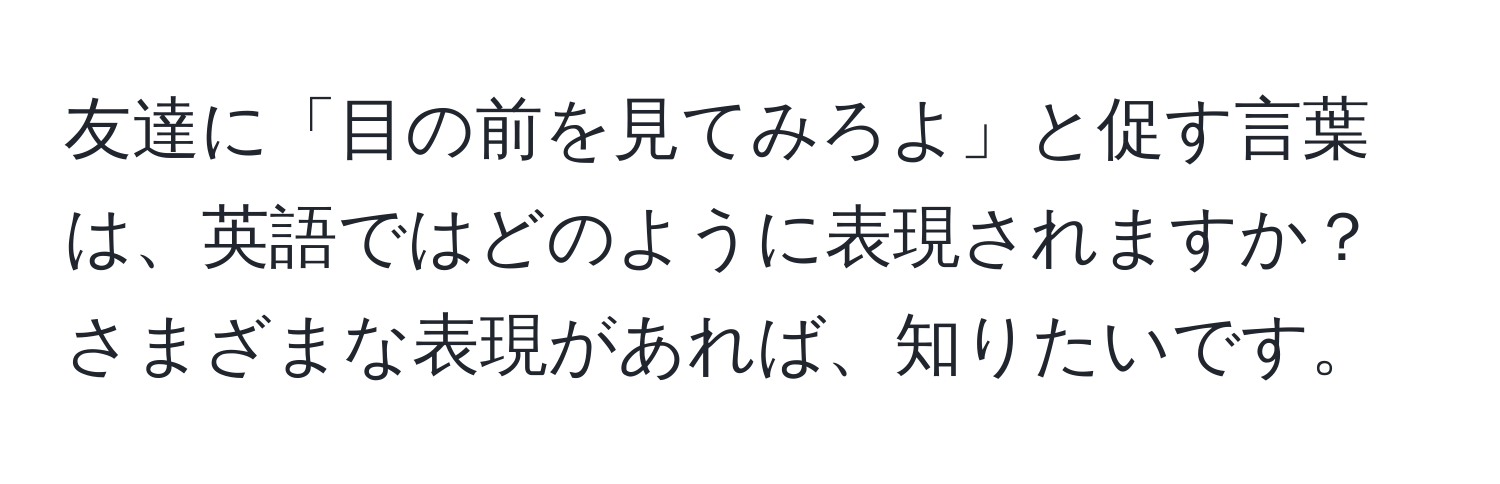 友達に「目の前を見てみろよ」と促す言葉は、英語ではどのように表現されますか？さまざまな表現があれば、知りたいです。