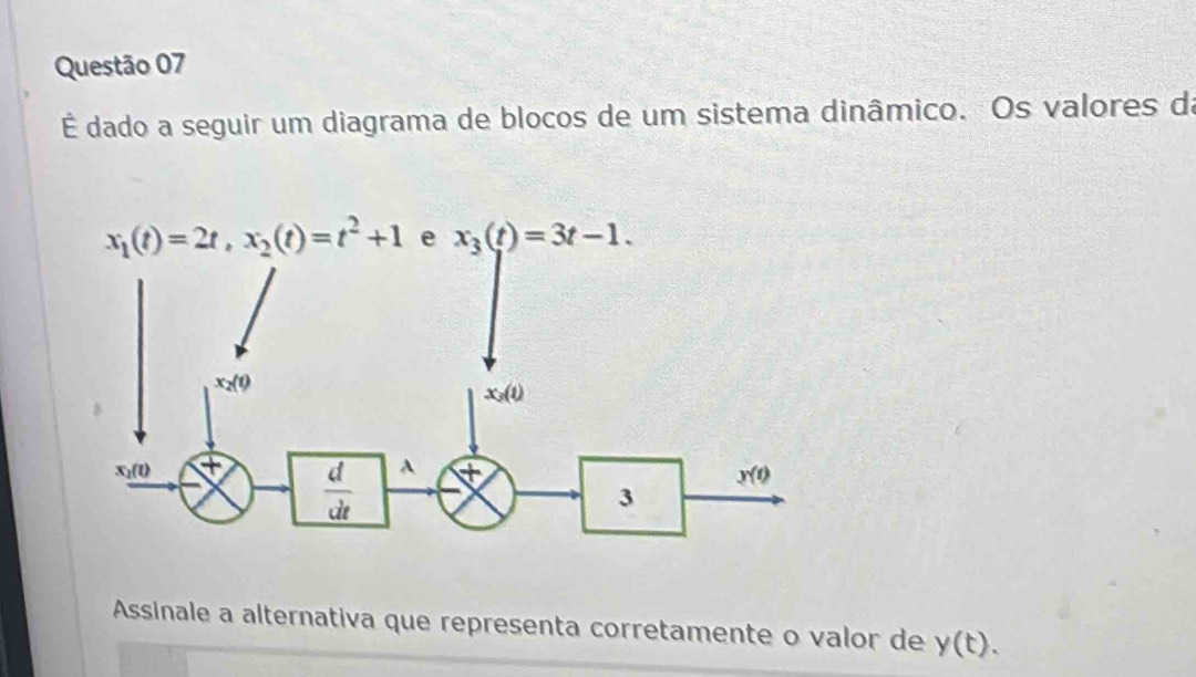 É dado a seguir um diagrama de blocos de um sistema dinâmico. Os valores da
Assinale a alternativa que representa corretamente o valor de y(t).