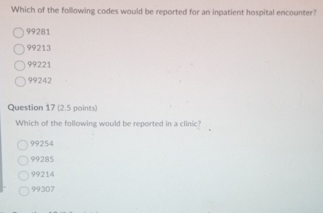Solved: Which of the following codes would be reported for an inpatient ...