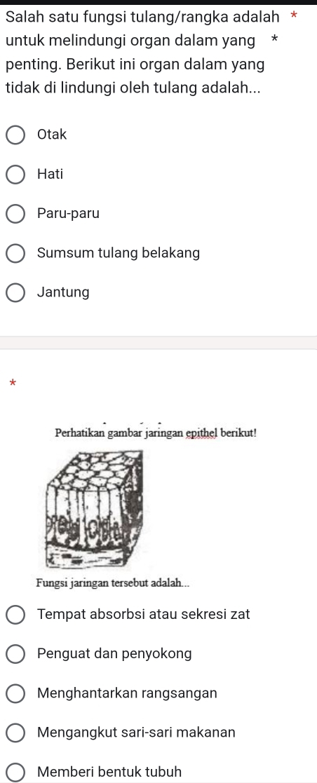 Salah satu fungsi tulang/rangka adalah *
untuk melindungi organ dalam yang *
penting. Berikut ini organ dalam yang
tidak di lindungi oleh tulang adalah...
Otak
Hati
Paru-paru
Sumsum tulang belakang
Jantung
*
Perhatikan gambar jaringan epithel berikut!
Fungsi jaringan tersebut adalah...
Tempat absorbsi atau sekresi zat
Penguat dan penyokong
Menghantarkan rangsangan
Mengangkut sari-sari makanan
Memberi bentuk tubuh