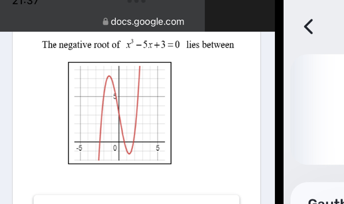 docs.google.com 
The negative root of x^3-5x+3=0 lies between