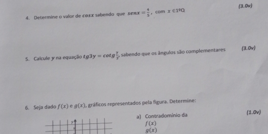 Determine o valor de cosx sabendo que sen x= 4/5  , com x∈ 1°Q (3.0v)
5. Calcule y na equação tg3y=cot g y/3  , sabendo que os ângulos são complementares (3.0v)
6. Seja dado f(x) e g(x) y gráficos representados pela figura. Determine: 
a) Contradomínio da (1.0v)
y '
f(x)
g(x)