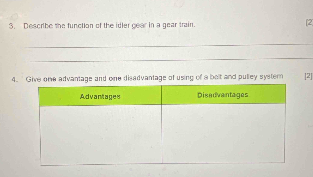 Describe the function of the idler gear in a gear train. 
[2 
_ 
_ 
4. Give one advantage and one disadvantage of using of a belt and pulley system [2]