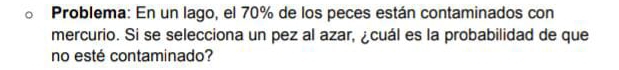 Problema: En un lago, el 70% de los peces están contaminados con 
mercurio. Si se selecciona un pez al azar, ¿cuál es la probabilidad de que 
no esté contaminado?