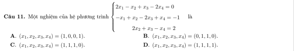 Một nghiệm của hệ phương trình beginarrayl 2x_1-x_2+x_3-2x_4=0 -x_1+x_2-2x_3+x_4=-1 2x_2+x_3-x_4=2endarray. là
A. (x_1,x_2,x_3,x_4)=(1,0,0,1). (x_1,x_2,x_3,x_4)=(0,1,1,0). 
B.
C. (x_1,x_2,x_3,x_4)=(1,1,1,0). D. (x_1,x_2,x_3,x_4)=(1,1,1,1).