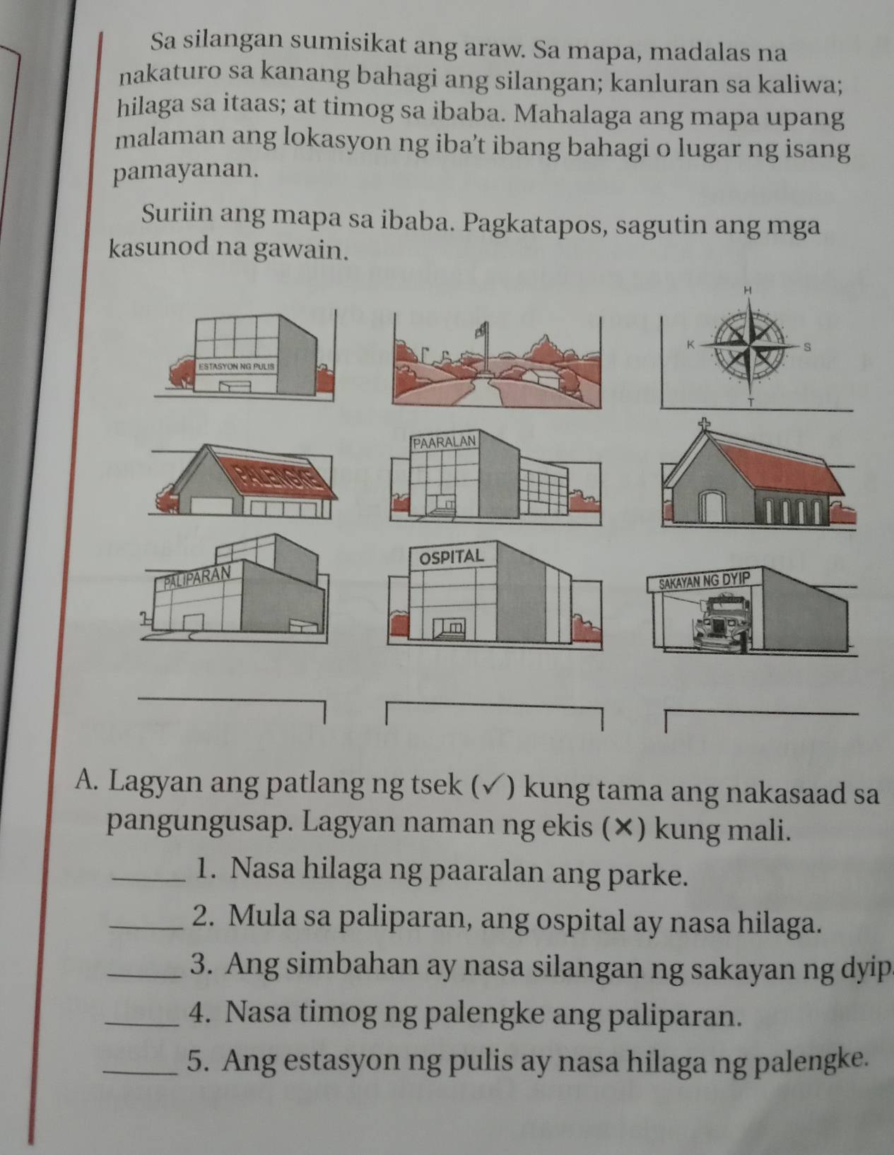 Sa silangan sumisikat ang araw. Sa mapa, madalas na 
nakaturo sa kanang bahagi ang silangan; kanluran sa kaliwa; 
hilaga sa itaas; at timog sa ibaba. Mahalaga ang mapa upang 
malaman ang lokasyon ng iba’t ibang bahagi o lugar ng isang 
pamayanan. 
Suriin ang mapa sa ibaba. Pagkatapos, sagutin ang mga 
kasunod na gawain. 
K 
S 
OSPITAL 
PARAN 
1 
A. Lagyan ang patlang ng tsek (√) ) kung tama ang nakasaad sa 
pangungusap. Lagyan naman ng ekis (×) kung mali. 
_1. Nasa hilaga ng paaralan ang parke. 
_2. Mula sa paliparan, ang ospital ay nasa hilaga. 
_3. Ang simbahan ay nasa silangan ng sakayan ng dyip 
_4. Nasa timog ng palengke ang paliparan. 
_5. Ang estasyon ng pulis ay nasa hilaga ng palengke.