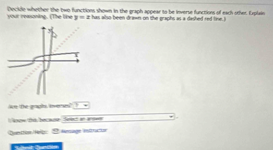 Decide whether the two functions shown in the graph appear to be inverse functions of each other. Explain 
your reasoning. (The line y=x has also been drawn on the graphs as a dashed red line.) 
Ave the graghts inwerses? ? 
Noow this becuse Select an answer 
Question Hege 2 Wesage Instructon 
Qanit Quatiènn