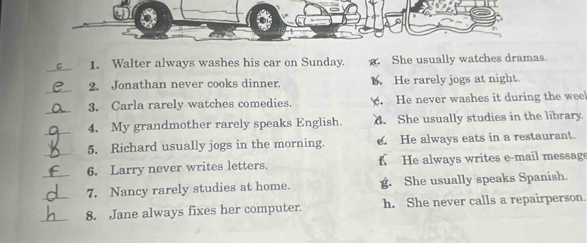 Walter always washes his car on Sunday. a. She usually watches dramas.
_
2. Jonathan never cooks dinner. b. He rarely jogs at night.
_
3. Carla rarely watches comedies.. He never washes it during the weel
4. My grandmother rarely speaks English. d. She usually studies in the library.
_5. Richard usually jogs in the morning. e. He always eats in a restaurant.
_6. Larry never writes letters. He always writes e-mail message
_7. Nancy rarely studies at home. g. She usually speaks Spanish.
_8. Jane always fixes her computer. h. She never calls a repairperson.