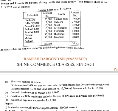 Mohan and Prakash are partners sharing profits and losses equally. Their Balance Sheet as or 
31.3.2022 was as follows: 
n the above date the firm was dissolved and following information is available: 
RAMESH DARGOND SIR(9945587477) 
SHINE COMMERCE CLASSES, SINDAGI 
Pa 
(a) The assets realized as follows: 
Debtors realized 10% less than the book value. Investments realised 20% more than book value 
Buildings realised Rs. 60,000, stock realised Rs. 12,000 and Furniture sold for Rs. 15,000
(b) Goodwill is taken over by Mohan at Rs. 15,000
(c) Creditors and Bills payable are settled at discount of 10% each, and Prasad loan paid infull 
(d) Realisation expenses amounted to Rs. 2,000
Preparé: 
(i) Realisation account, (ii) Partners capital account, (iii) Cash account.