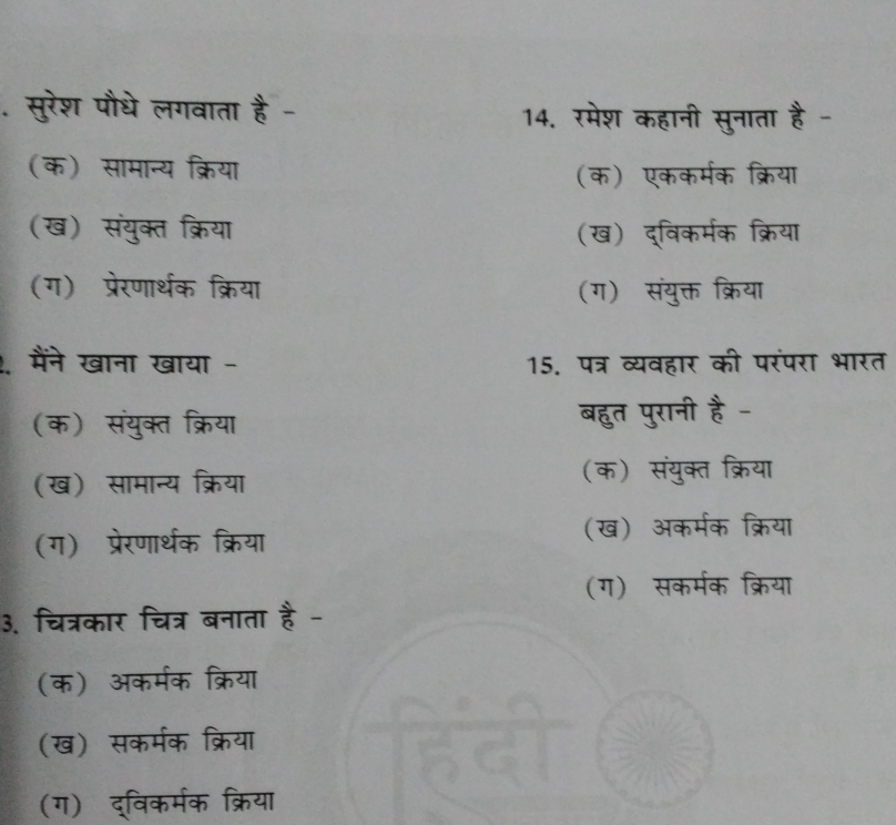 सुरेश पौधे लगवाता है - 14. रमेश कहानी सुनाता है -
(क) सामान्य क्रिया
(क) एककर्मक क्रिया
(ख) संयुक्त क्रिया (ख) द्विकर्मक क्रिया
(ग) प्रेरणार्थक क्रिया (ग) संयुक्त क्रिया
. मैंने खाना खाया - 15. पत्र व्यवहार की परंपरा भारत
(क) संयुक्त क्रिया बहुत पुरानी है -
(ख) सामान्य क्रिया (क) संयुक्त क्रिया
(ग) प्रेरणार्थक क्रिया
(ख) अकर्मक क्रिया
(ग) सकर्मक क्रिया
3. चित्रकार चित्र बनाता है -
(क) अकर्मक क्रिया
(ख) सकर्मक क्रिया
(ग) द्विकर्मक क्रिया