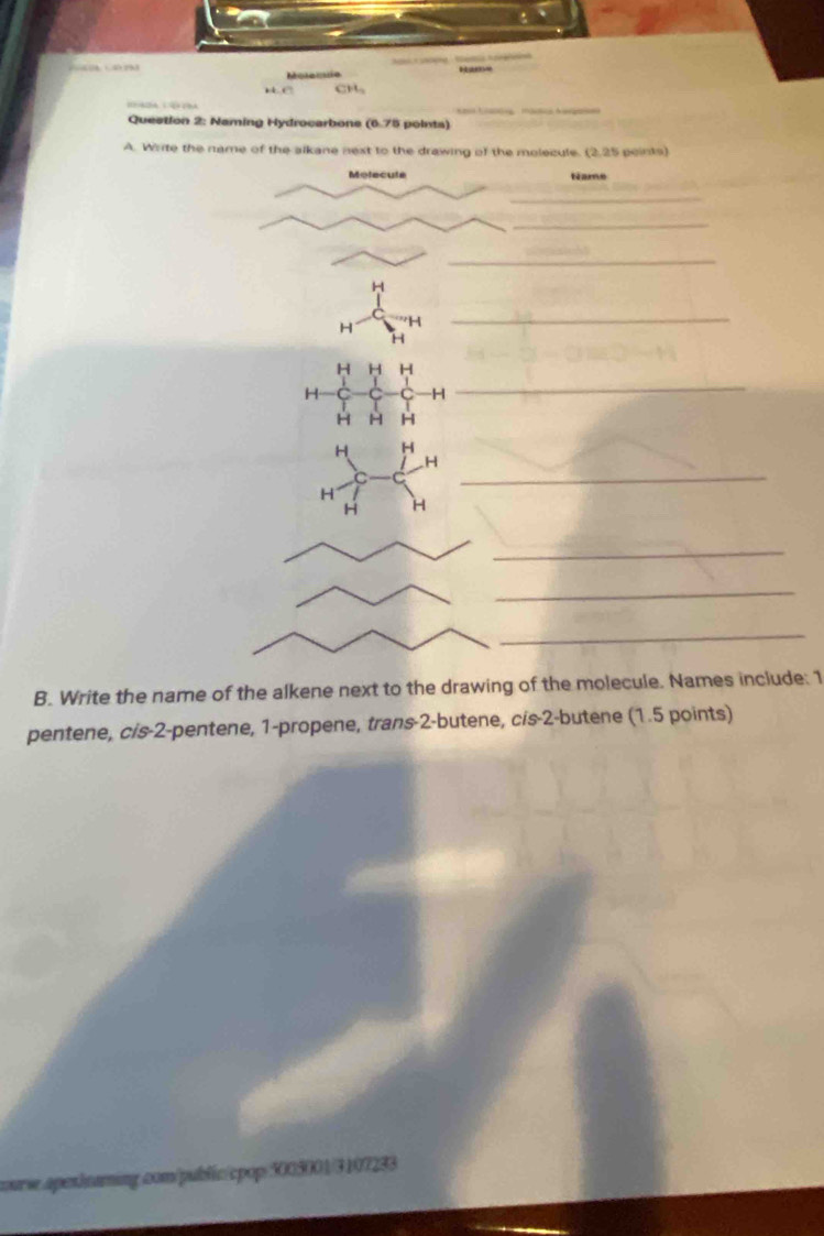 Molemo t 
A 1 
Question 2: Naming Hydrocarbons (6.75 points) 
A. Wirte the name of the alkane next to the drawing of the molecule. (2.25 peints) 
Molecule Name 
_ 
_ 
_
H
H 'H
_ 
H 
_
H H H
H H
H H H
H H
H
H
_
H H
_ 
_ 
_ 
B. Write the name of the alkene next to the drawing of the molecule. Names include: 1
pentene, cis -2 -pentene, 1 -propene, trans-2-butene, cis -2 -butene (1.5 points) 
nurw.apexhnaming.com/public/cpop/5005001/3107233