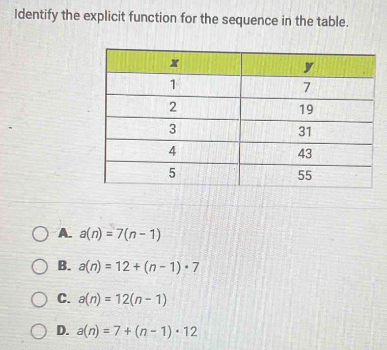 Identify the explicit function for the sequence in the table.
A. a(n)=7(n-1)
B. a(n)=12+(n-1)· 7
C. a(n)=12(n-1)
D. a(n)=7+(n-1)· 12