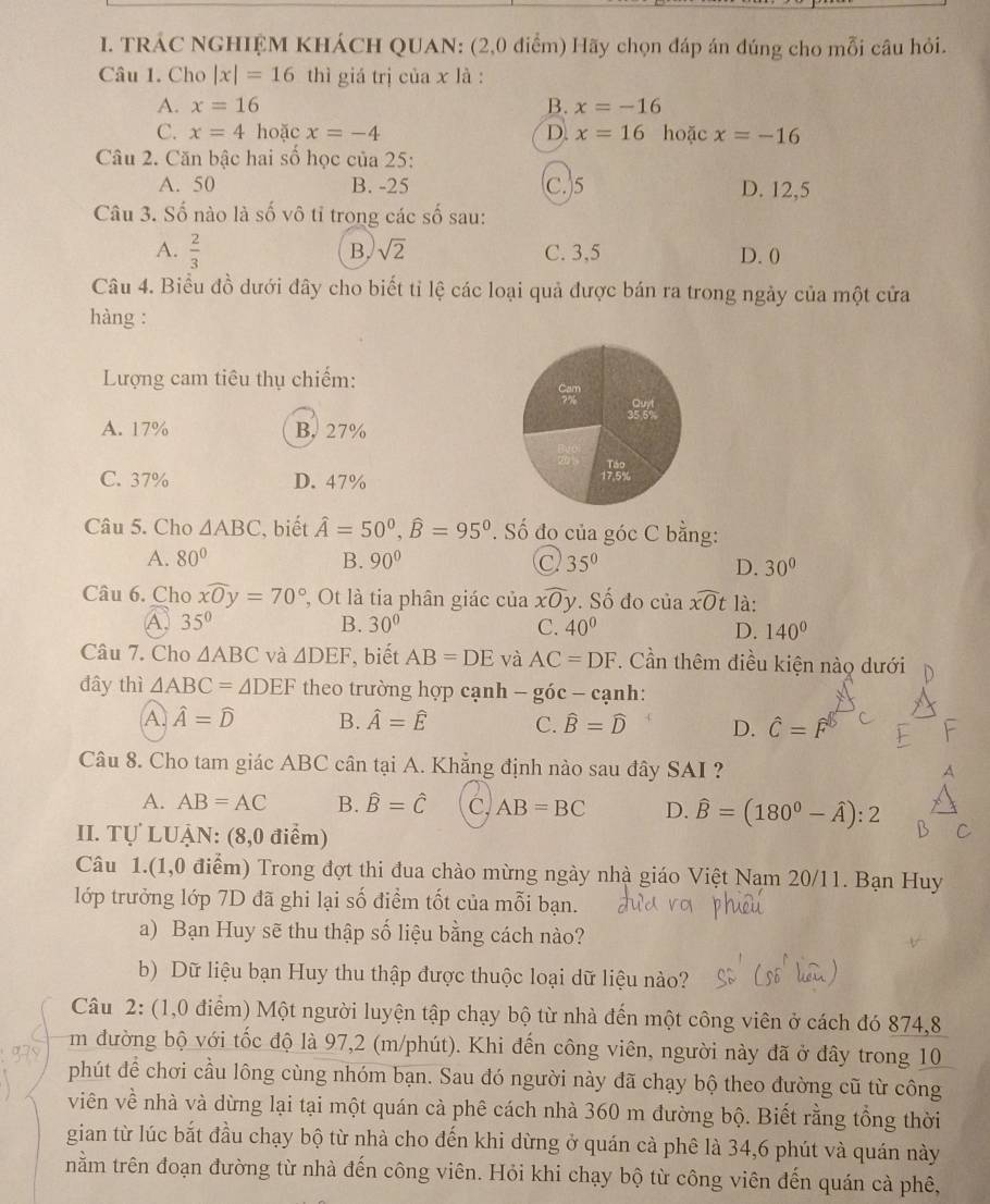 TRÁC NGHIỆM KHÁCH QUAN: (2,0 điểm) Hãy chọn đáp án đúng cho mỗi câu hỏi.
Câu 1. Cho |x|=16 thì giá trị của x là :
A. x=16 B. x=-16
C. x=4 hoặc x=-4 D. x=16 hoặc x=-16
Câu 2. Căn bậc hai số học của 25:
A. 50 B. -25 (C.)5 D. 12,5
Câu 3. Số nào là số vô tỉ trong các số sau:
B. sqrt(2)
A.  2/3  C. 3,5 D. 0
Câu 4. Biểu đồ dưới đây cho biết tỉ lệ các loại quả được bán ra trong ngày của một cửa
hàng :
Lượng cam tiêu thụ chiếm:
A. 17% B. 27%
C. 37% D. 47%
Câu 5. Cho △ ABC , biết hat A=50°,widehat B=95^0. Số đo của góc C bằng:
A. 80° B. 90° 35° D. 30°
Câu 6. Cho widehat xOy=70° , Ot là tia phân giác của xwidehat Oy. Số đo của widehat xOt là:
A. 35° B. 30° C. 40° D. 140°
Câu 7. Cho △ ABC và △ DEF , biết AB=DE và AC=DF *. Cần thêm điều kiện nào dưới
đây thì △ ABC=△ DEF theo trường hợp cạnh - góc - cạnh:
A hat A=hat D B. hat A=hat E C. widehat B=widehat D D. hat C=hat F
Câu 8. Cho tam giác ABC cân tại A. Khẳng định nào sau đây SAI ?
A. AB=AC B. hat B=hat C C AB=BC D. widehat B=(180^0-widehat A):2
II. Tự LUẠN: (8,0 điểm)
Câu 1.(1,0 điểm) Trong đợt thi đua chào mừng ngày nhà giáo Việt Nam 20/11. Bạn Huy
lớp trưởng lớp 7D đã ghi lại số điểm tốt của mỗi bạn.
a) Bạn Huy sẽ thu thập số liệu bằng cách nào?
b) Dữ liệu bạn Huy thu thập được thuộc loại dữ liệu nào?
Câu 2: (1,0 điểm) Một người luyện tập chạy bộ từ nhà đến một công viên ở cách đó 874,8
m đường bộ với tốc độ là 97,2 (m/phút). Khi đến công viên, người này đã ở đây trong 10
phút dể chơi cầu lông cùng nhóm bạn. Sau đó người này đã chạy bộ theo đường cũ từ công
viên về nhà và dừng lại tại một quán cà phê cách nhà 360 m đường bộ. Biết rằng tổng thời
gian từ lúc bắt đầu chạy bộ từ nhà cho đến khi dừng ở quán cà phê là 34,6 phút và quán này
nằm trên đoạn đường từ nhà đến công viên. Hỏi khi chạy bộ từ công viên đến quán cà phê,