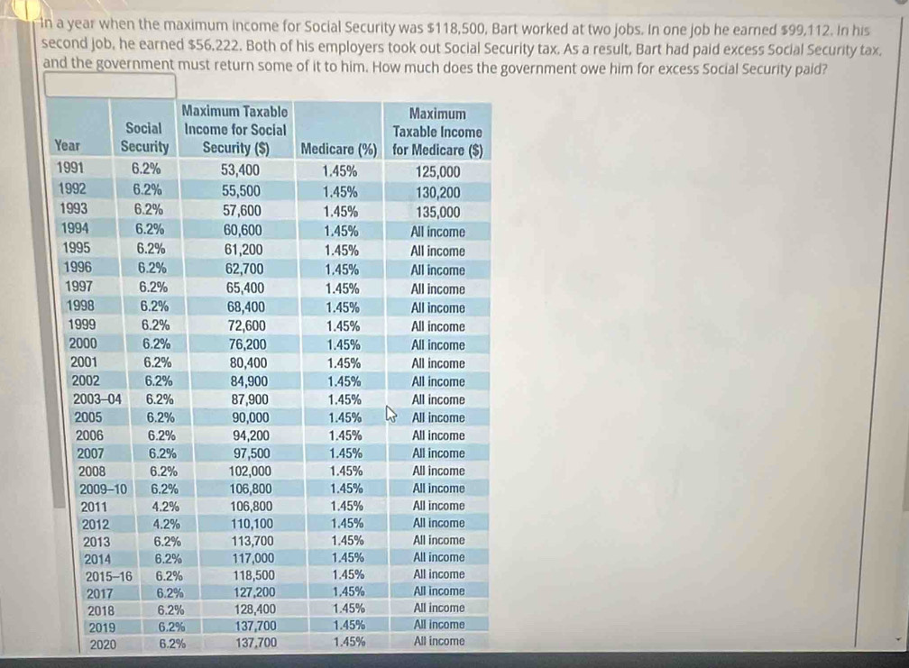 In a year when the maximum income for Social Security was $118,500, Bart worked at two jobs. In one job he earned $99,112. In his 
second job, he earned $56,222. Both of his employers took out Social Security tax. As a result, Bart had paid excess Social Security tax. 
and the government must return some oovernment owe him for excess Social Security paid? 
2020 6.2% 137,700 1.45% All income