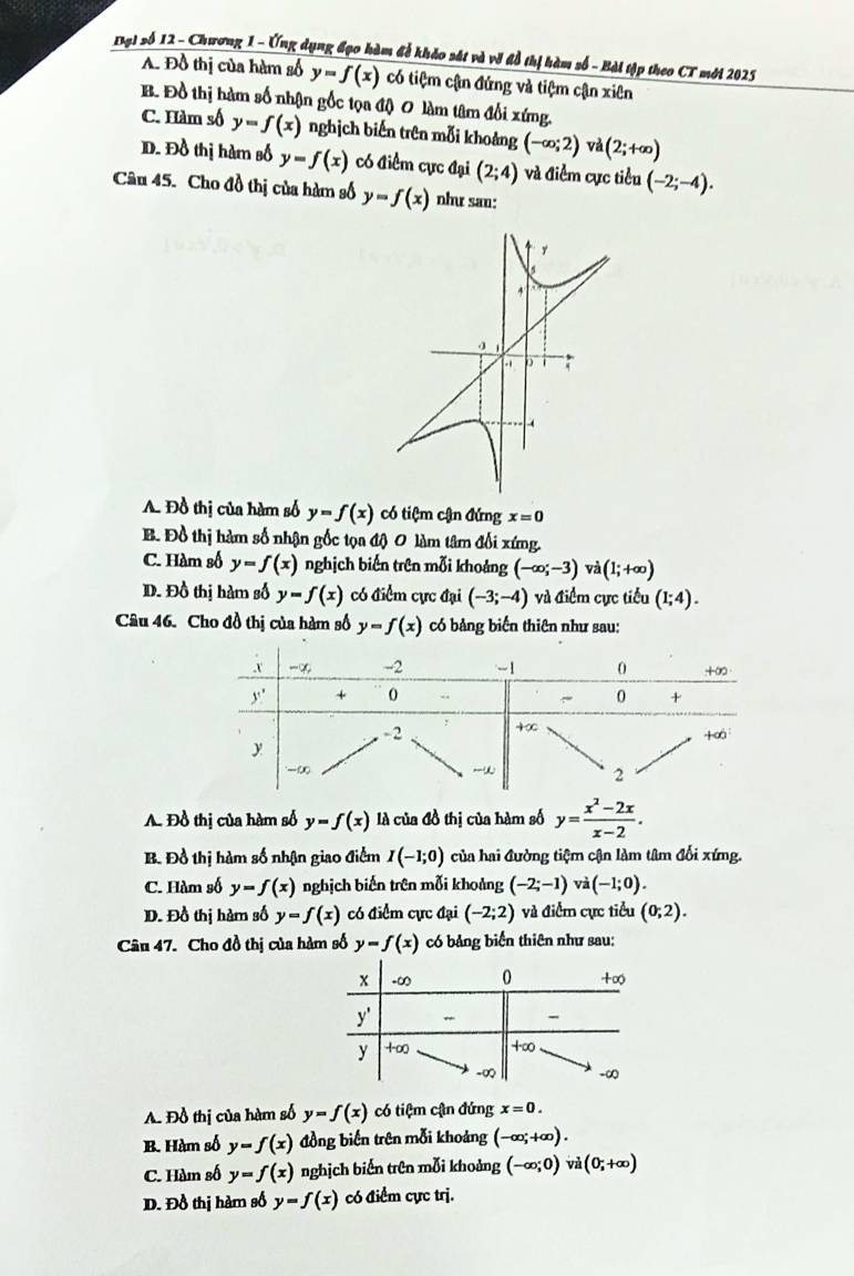 [ại số 12  Chương 1 - Ứng dụng đạo hàm để khảo sát và về đồ thị hàm số - Bài tập theo CT mới 2025
A. Đồ thị của hàm số y=f(x) có tiệm cận đứng và tiệm cận xiên
B. Đồ thị hàm số nhận gốc tọa độ 0 làm tâm đổi xứng.
C. Hàm số y=f(x) nghịch biến trên mỗi khoảng (-∈fty ;2) và (2;+∈fty )
D. Đồ thị hàm số y=f(x) có điểm cực đại (2;4) và điểm cực tiểu (-2;-4).
Câu 45. Cho đồ thị của hàm số y=f(x) như san:
A. Đồ thị của hàm số y=f(x) có tiệm cận đứng x=0
B. Đồ thị hàm số nhận gốc tọa độ 0 làm tâm đổi xứng.
C. Hàm số y=f(x) nghịch biến trên mỗi khoảng (-∈fty ;-3) và (1;+∈fty )
D. Đồ thị hàm số y=f(x) có điểm cực đại (-3;-4) và điểm cực tiểu (1;4).
Câu 46. Cho đồ thị của hàm số y=f(x) có bảng biến thiên như sau:
A. Đồ thị của hàm số y=f(x) là của đồ thị của hàm số y= (x^2-2x)/x-2 .
B. Đồ thị hàm số nhận giao điểm I(-1;0) của hai đường tiệm cận làm tâm đối xứng.
C. Hàm số y=f(x) nghịch biến trên mỗi khoảng (-2;-1) và (-1;0).
D. Đồ thị hàm số y=f(x) có điểm cực đại (-2;2) và điểm cực tiểu (0;2).
Câu 47. Cho đồ thị của hàm số y=f(x) có bảng biển thiên như sau:
A. Đồ thị của hàm số y=f(x) có tiệm cận đứng x=0.
B. Hàm số y=f(x) đồng biến trên mỗi khoảng (-∈fty ;+∈fty ).
C. Hàm số y=f(x) nghịch biển trên mỗi khoảng (-∈fty ;0)vii(0;+∈fty )
D. Đồ thị hàm số y=f(x) có điểm cực trị.