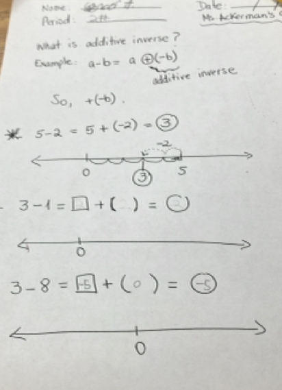 Nome Sdod If Dake:_ 
Period: 244 He. Ackerman's 
What is additive inverse? 
Example: a-b=aoplus (-b)
additive inverse
S_0,+(-b).
5-2=5+(-2)=(3 3
3-1=□ + _  )=()
3-8=+5+(0)=-5