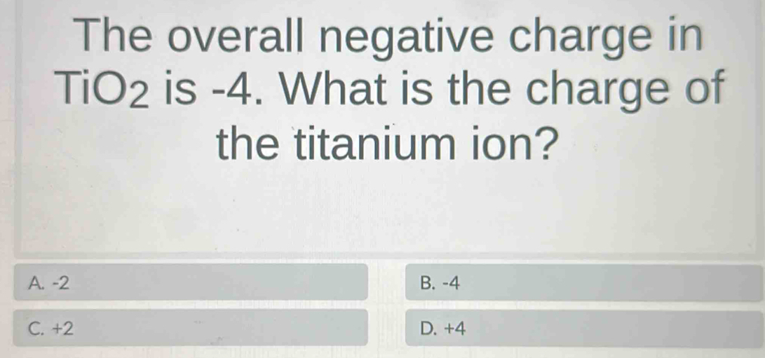 The overall negative charge in
TiO2 is -4. What is the charge of
the titanium ion?
A. -2 B. -4
C. +2 D. +4