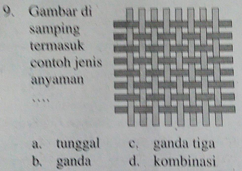 Gambar di
samping
termasuk
contoh jenis
anyaman
a
a. tunggal c. ganda tiga
b. ganda d. kombinasi