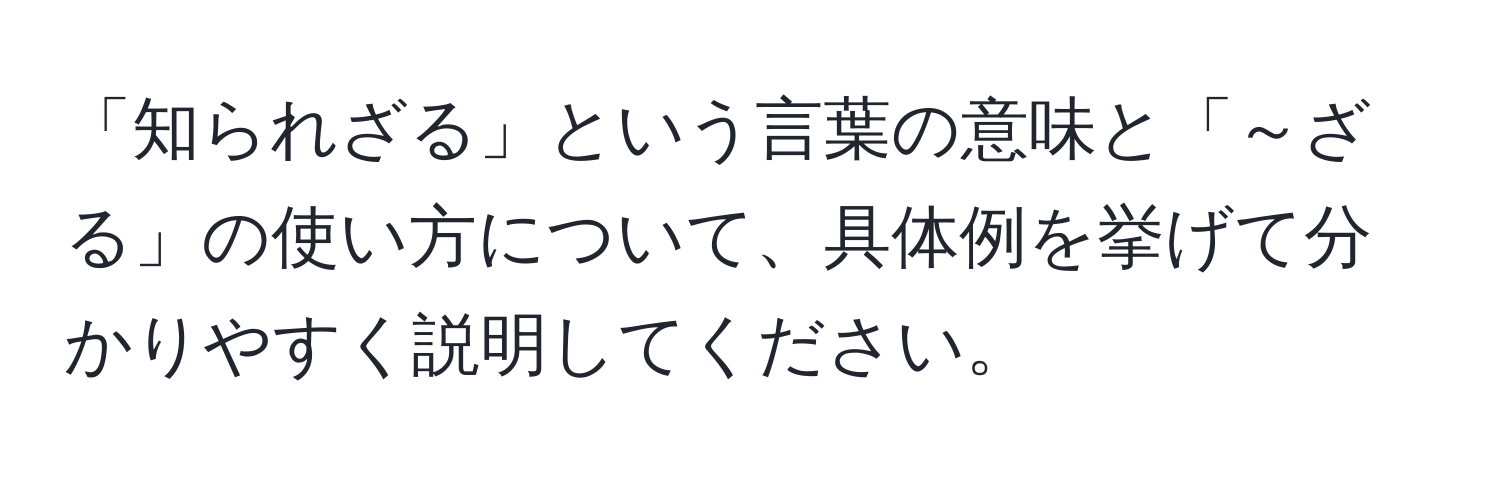 「知られざる」という言葉の意味と「～ざる」の使い方について、具体例を挙げて分かりやすく説明してください。