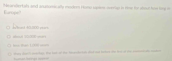 Neandertals and anatomically modern Homo sapiens overlap in time for about how long in
Europe?
a least 40,000 years
about 10,000 years
less than 1,000 years
they don't overlap; the last of the Neandertals died out before the first of the anatomically modern
human beings appear