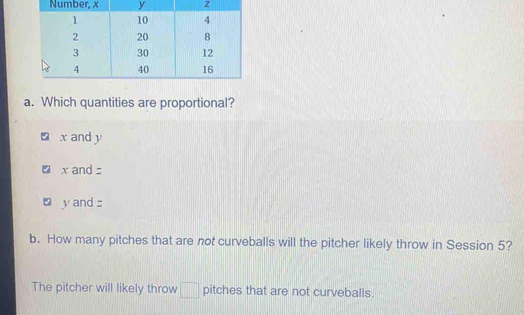 Number, xZ
a. Which quantities are proportional?
x and y
x and
y and 
b. How many pitches that are not curveballs will the pitcher likely throw in Session 5?
The pitcher will likely throw □ pitches that are not curveballs.