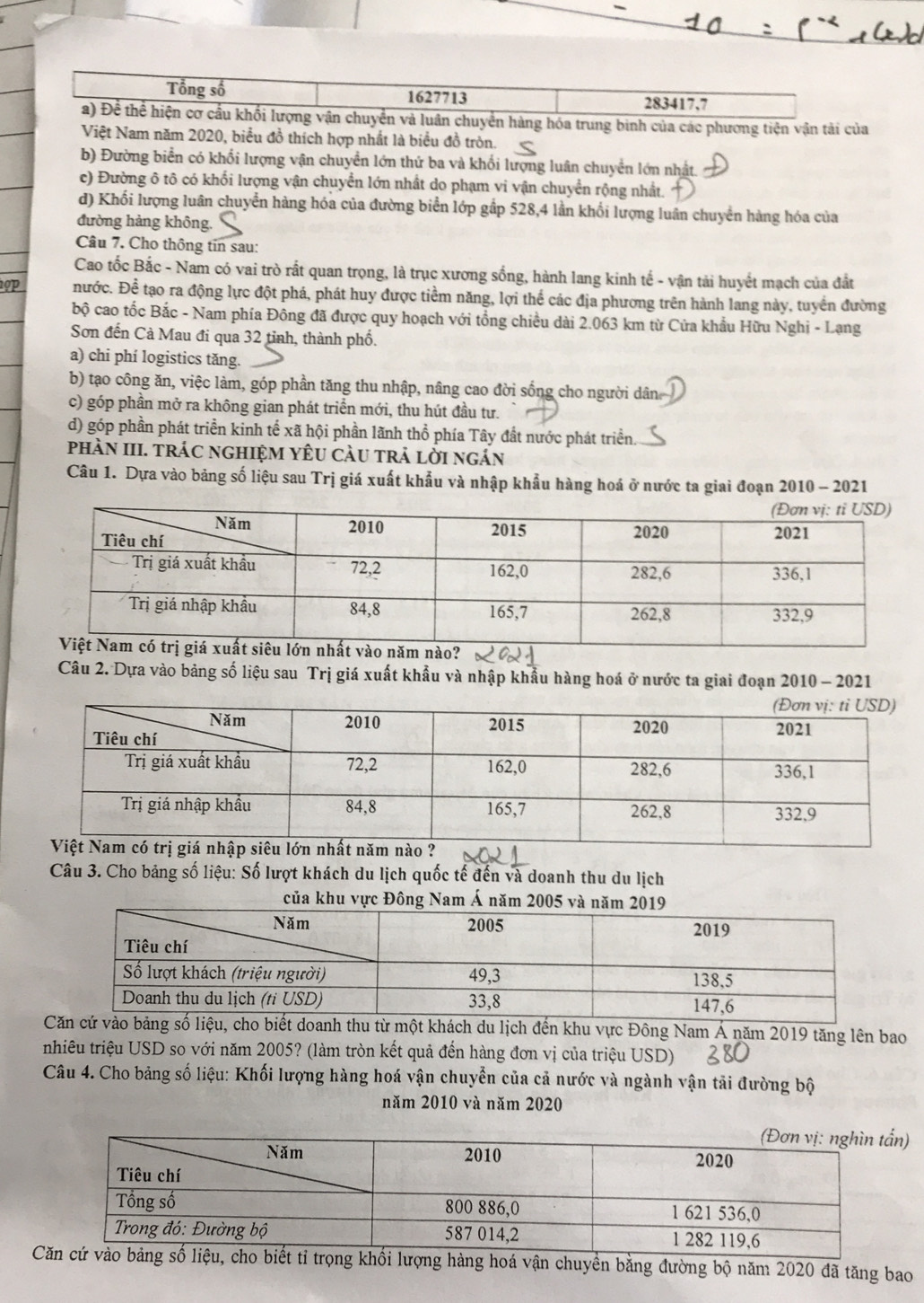 Tổng số 1627713 283417,7
a) Để thể hiện cơ cầu khối lượng vận chuyển và luân chuyển hàng hóa trung binh của các phương tiện vận tải của
Việt Nam năm 2020, biểu đồ thích hợp nhất là biểu đồ tròn.
b) Đường biển có khối lượng vận chuyển lớn thứ ba và khối lượng luân chuyển lớn nhật.
c) Đường ô tô có khối lượng vận chuyển lớn nhất do phạm vi vận chuyển rộng nhất.
d) Khối lượng luân chuyển hàng hóa của đường biển lớp gấp 528,4 lần khối lượng luân chuyển hàng hóa của
đường hàng không.
Câu 7. Cho thông tin sau:
Cao tốc Bắc - Nam có vai trò rất quan trọng, là trục xương sống, hành lang kinh tế - vận tải huyết mạch của đất
9p nước. Để tạo ra động lực đột phá, phát huy được tiềm năng, lợi thể các địa phương trên hành lang này, tuyển đường
bộ cao tốc Bắc - Nam phía Đông đã được quy hoạch với tổng chiều dài 2.063 km từ Cửa khẩu Hữu Nghị - Lạng
Sơn đến Cà Mau đi qua 32 tỉnh, thành phố.
a) chi phí logistics tăng.
b) tạo công ăn, việc làm, góp phần tăng thu nhập, nâng cao đời sống cho người dân.
c) góp phần mở ra không gian phát triển mới, thu hút đầu tư.
d) góp phần phát triển kinh tế xã hội phần lãnh thổ phía Tây đất nước phát triển. 5
phàN III. trác ngHiệM YêU càu trả lời ngắn
Câu 1. Dựa vào bảng số liệu sau Trị giá xuất khẩu và nhập khẩu hàng hoá ở nước ta giai đoạn 2010 - 2021
Câu 2. Dựa vào bảng số liệu sau Trị giá xuất khẩu và nhập khẩu hàng hoá ở nước ta giai đoạn 2010 - 2021
Câu 3. Cho bảng số liệu: Số lượt khách du lịch quốc tế đến và doanh thu du lịch
của khu vực Đông Nam Á năm 2005 và năm 2019
vào bảng số liệu, cho biết doanh thu từ một khách du lịch đến khu vực Đông Nam Á năm 2019 tăng lên bao
nhiêu triệu USD so với năm 2005? (làm tròn kết quả đến hàng đơn vị của triệu USD)
Câu 4. Cho bảng số liệu: Khối lượng hàng hoá vận chuyển của cả nước và ngành vận tải đường bộ
năm 2010 và năm 2020
n)
C lượng hàng hoá vận chuyển bằng đường bộ năm 2020 đã tăng bao