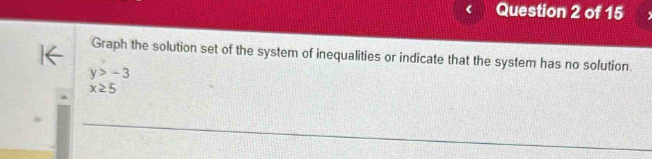 Graph the solution set of the system of inequalities or indicate that the system has no solution.
y>-3
x≥ 5