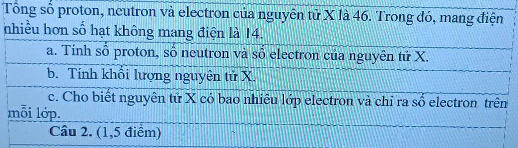 Tổng số proton, neutron và electron của nguyên tử X là 46. Trong đó, mang điện 
nhiều hơn số hạ