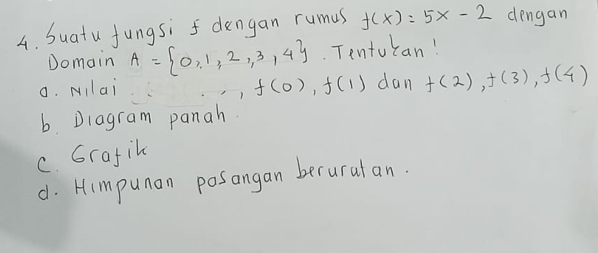 Suatu fungsi dengan rumus f(x)=5x-2 dengan
Domain A= 0,1,2,3,4. Tentulan!
o. Nilai f(0), f(1) dan f(2), f(3), f(4)
)
b. Dlagram panah.
c. Grafik
d. Himpunan posangan beruratan.