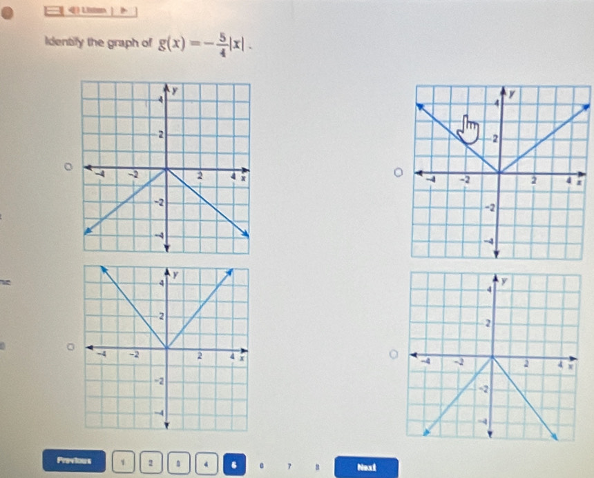 Ln 
Identify the graph of g(x)=- 5/4 |x|. 
。 


Previous 1 2 . 4 6 . 7 B Next