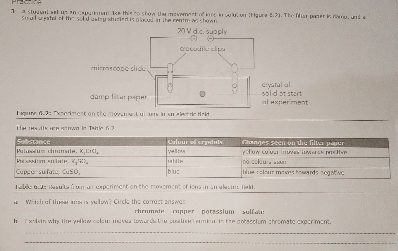 Practice
3 A student set up an experiment like this to show the movement of ions in solution (Figure 6.2). The filter paper is damp, and a
small crystal of the solid being studied is placed in the centre as shown.
Figure 6.2: Experiment on the movement of ions in an electric field.
The results are shown in Table 6.2.
Table 6.2: Results from an experiment on the movement of ions in an electric field.
a Which of these ions is yellow? Circle the correct answer.
chromate copper potassium sulfate
b Explain why the yellow colour moves towards the positive terminal in the potassium chromate experiment.
_
_